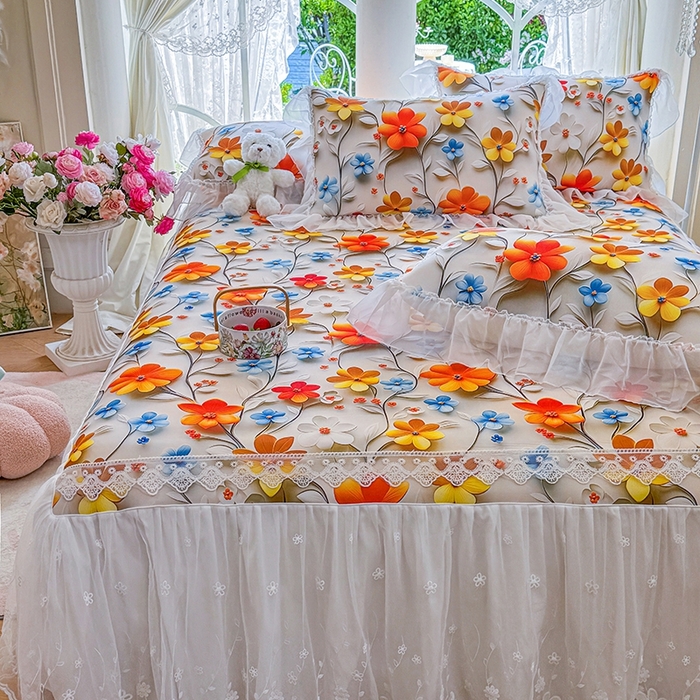 91家纺网 家纺一手货源 找家纺 罗艺轩 2025新款冰丝5D印花床裙凉席席子 春来时