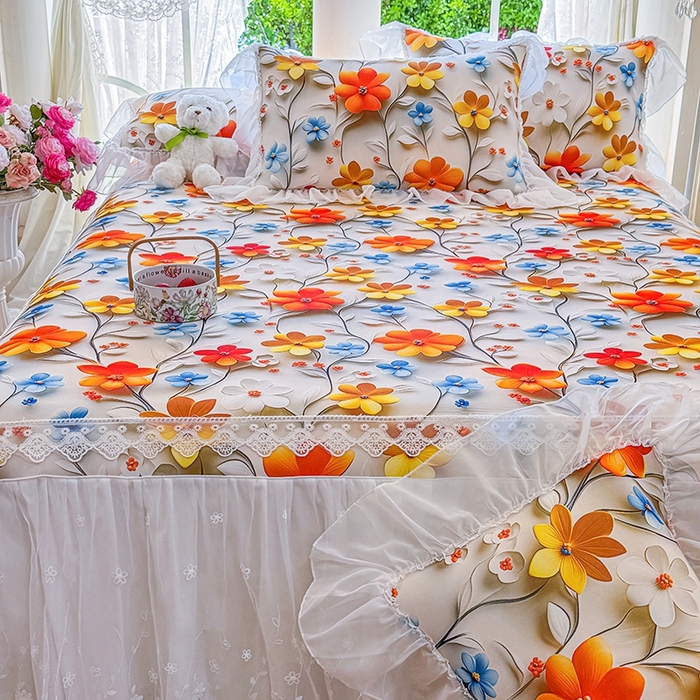 91家纺网 家纺一手货源 找家纺 罗艺轩 2025新款冰丝5D印花床裙凉席席子 春来时