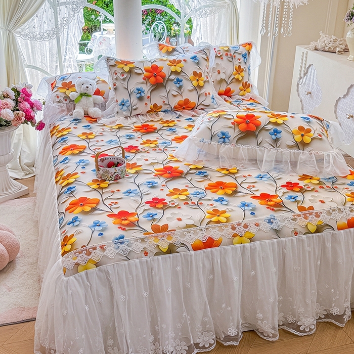 91家纺网 家纺一手货源 找家纺 罗艺轩 2025新款冰丝5D印花床裙凉席席子 春来时