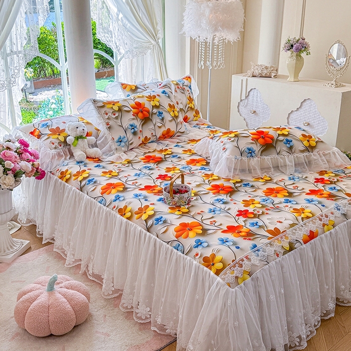 91家纺网 家纺一手货源 找家纺 罗艺轩 2025新款冰丝5D印花床裙凉席席子 春来时