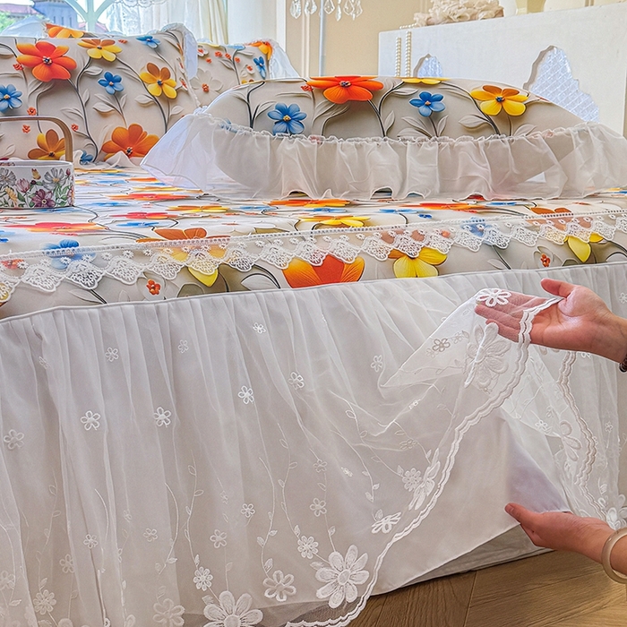 91家纺网 家纺一手货源 找家纺 罗艺轩 2025新款冰丝5D印花床裙凉席席子 春来时