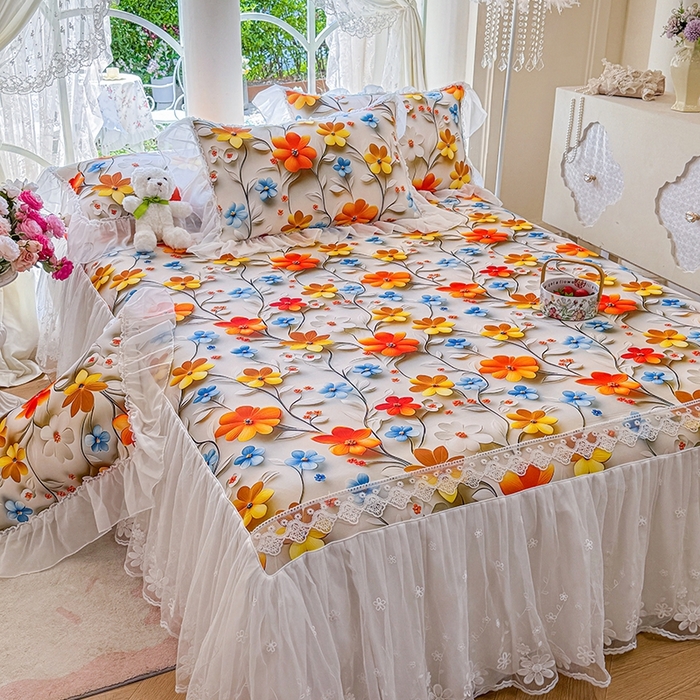 91家纺网 家纺一手货源 找家纺 罗艺轩 2025新款冰丝5D印花床裙凉席席子 春来时