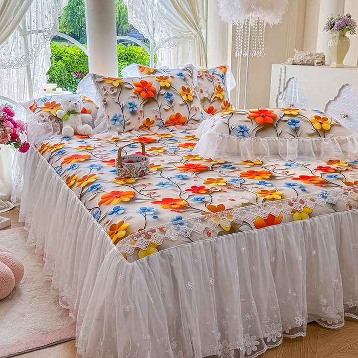 91家纺网 家纺一手货源 找家纺 罗艺轩 2025新款冰丝5D印花床裙凉席席子 春来时