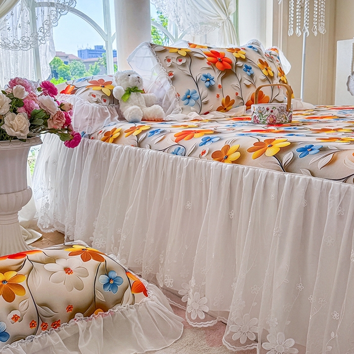 91家纺网 家纺一手货源 找家纺 罗艺轩 2025新款冰丝5D印花床裙凉席席子 春来时