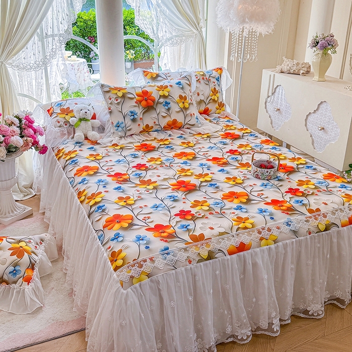 91家纺网 家纺一手货源 找家纺 罗艺轩 2025新款冰丝5D印花床裙凉席席子 春来时