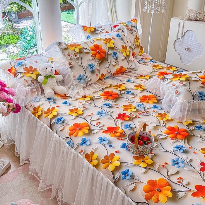 91家纺网 家纺一手货源 找家纺 罗艺轩 2025新款冰丝5D印花床裙凉席席子 春来时