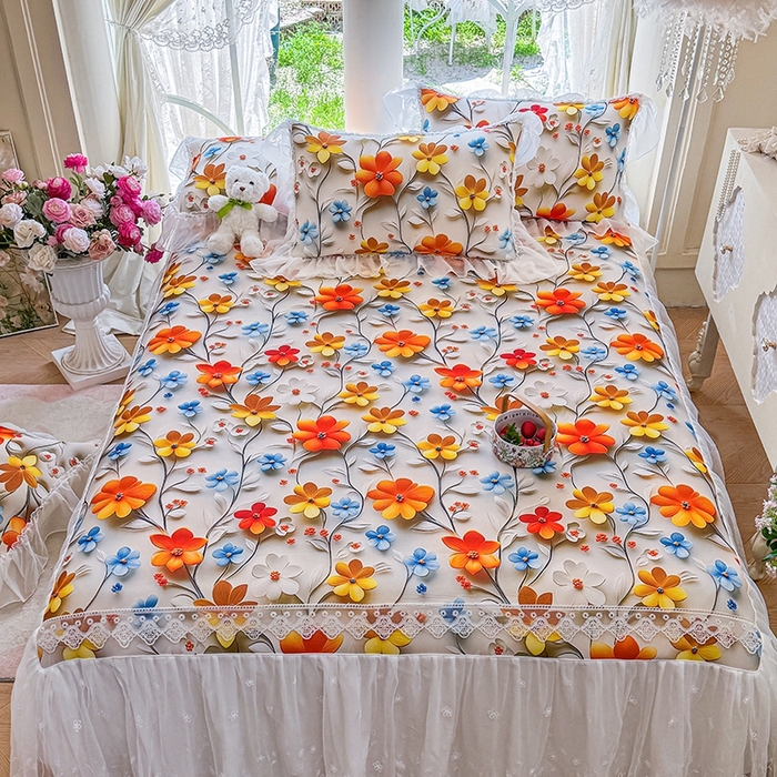 91家纺网 家纺一手货源 找家纺 罗艺轩 2025新款冰丝5D印花床裙凉席席子 春来时