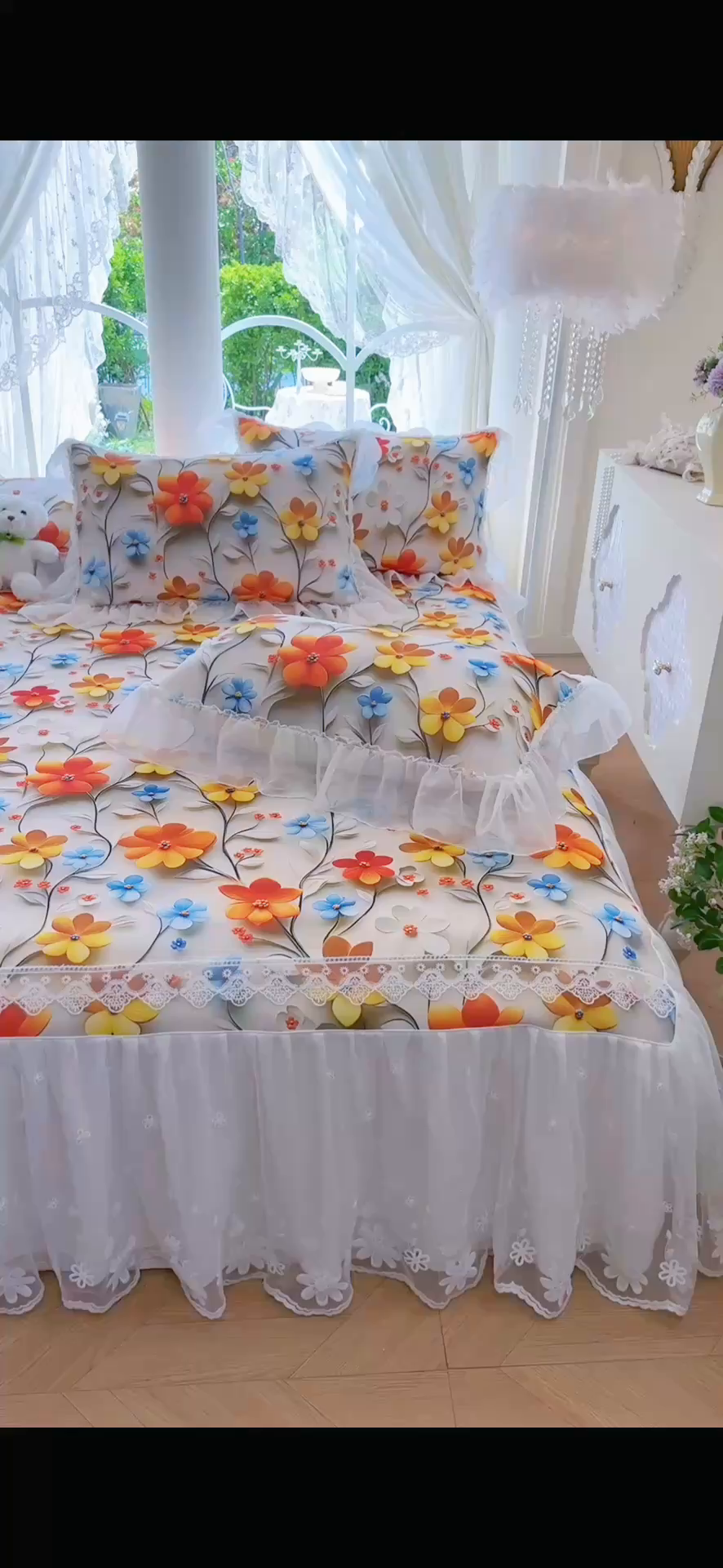 91家纺网 家纺一手货源 找家纺 罗艺轩 2025新款冰丝5D印花床裙凉席席子 春来时