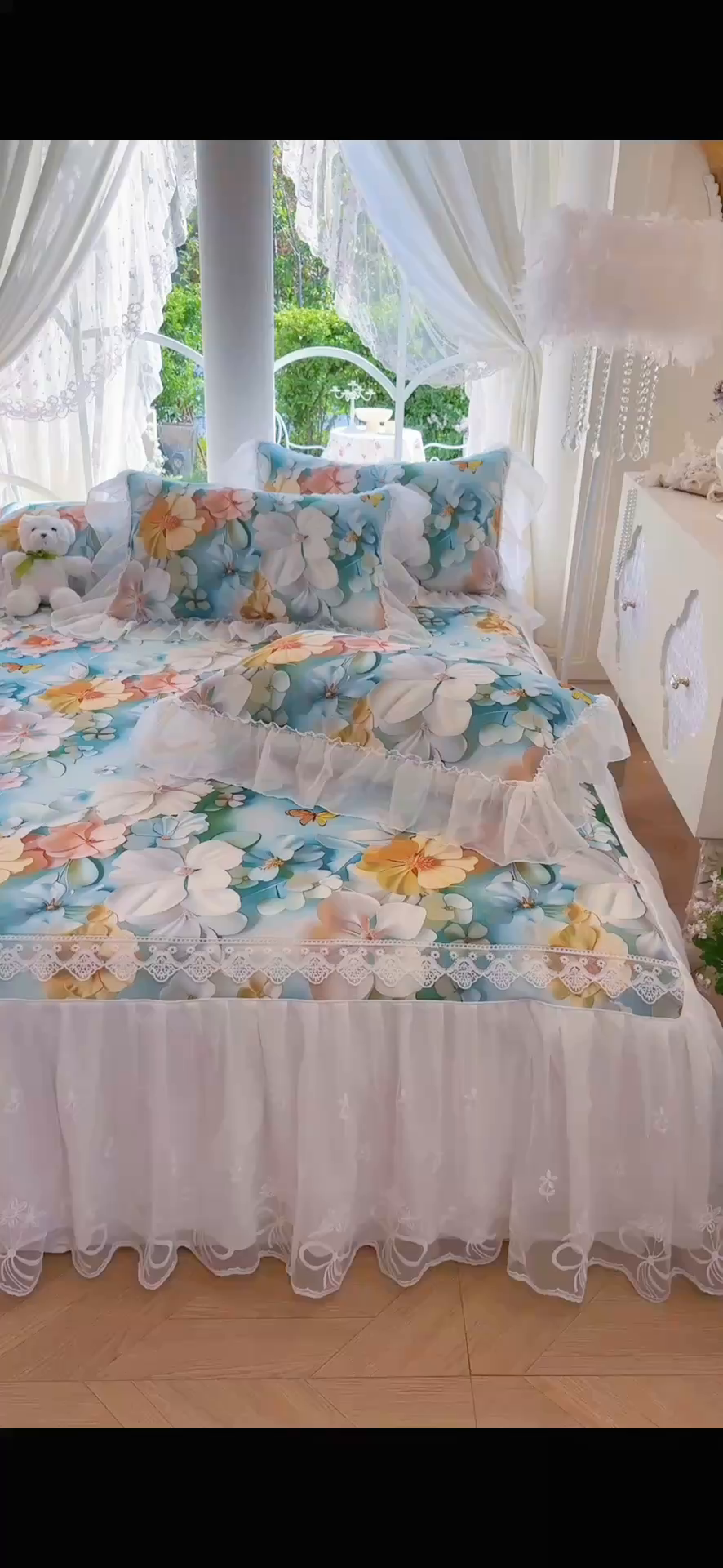 91家纺网 家纺一手货源 找家纺 罗艺轩 2025新款冰丝5D印花床裙凉席席子 繁花似锦