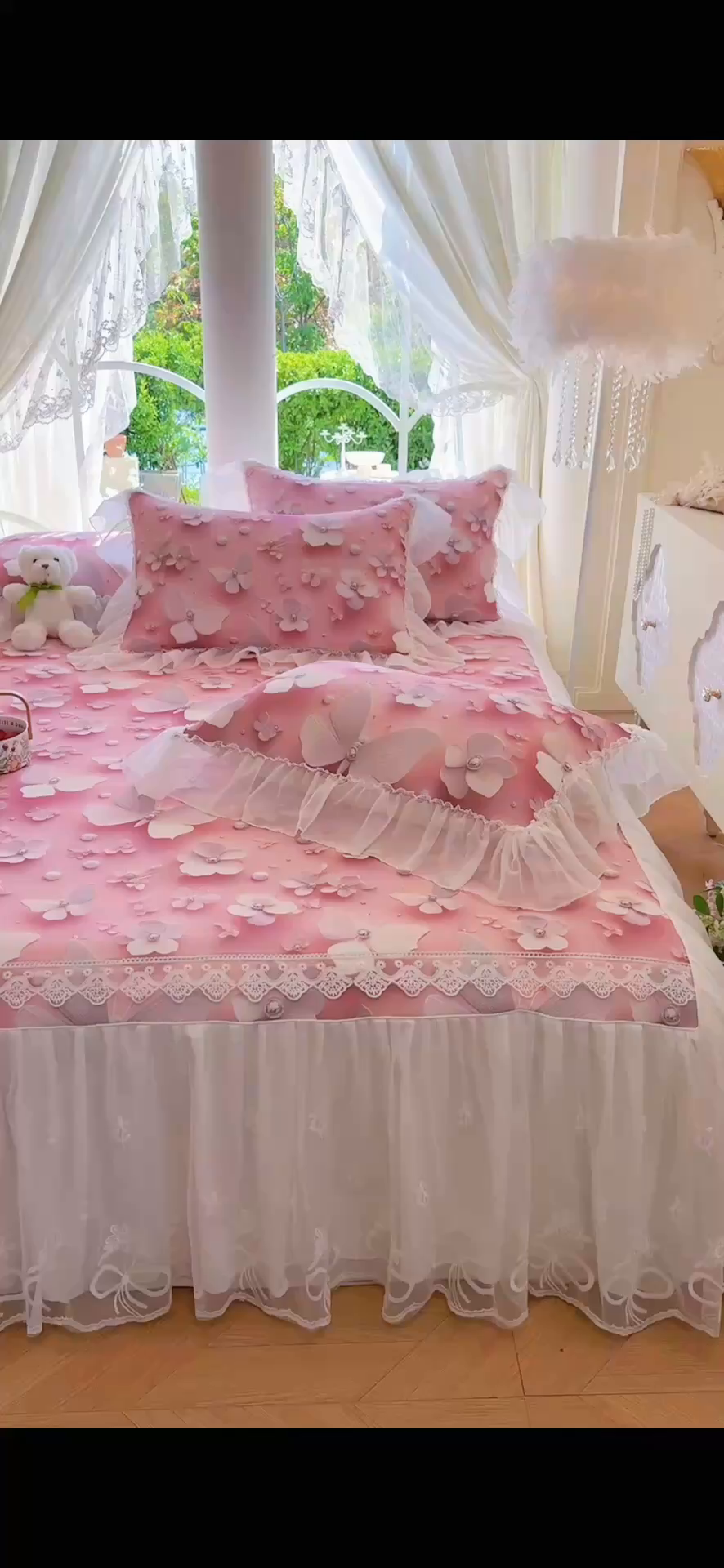 91家纺网 家纺一手货源 找家纺 罗艺轩 2025新款冰丝5D印花床裙凉席席子 蝴蝶粉