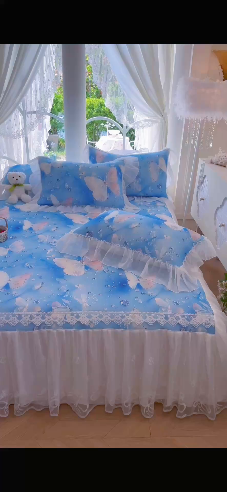 91家纺网 家纺一手货源 找家纺 罗艺轩 2025新款冰丝5D印花床裙凉席席子 蝴蝶蓝