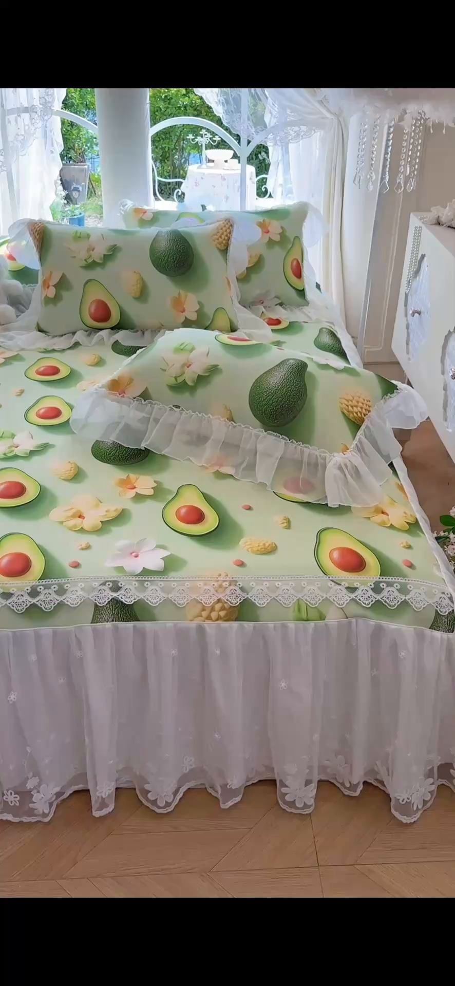 91家纺网 家纺一手货源 找家纺 罗艺轩 2025新款冰丝5D印花床裙凉席席子 牛油果绿