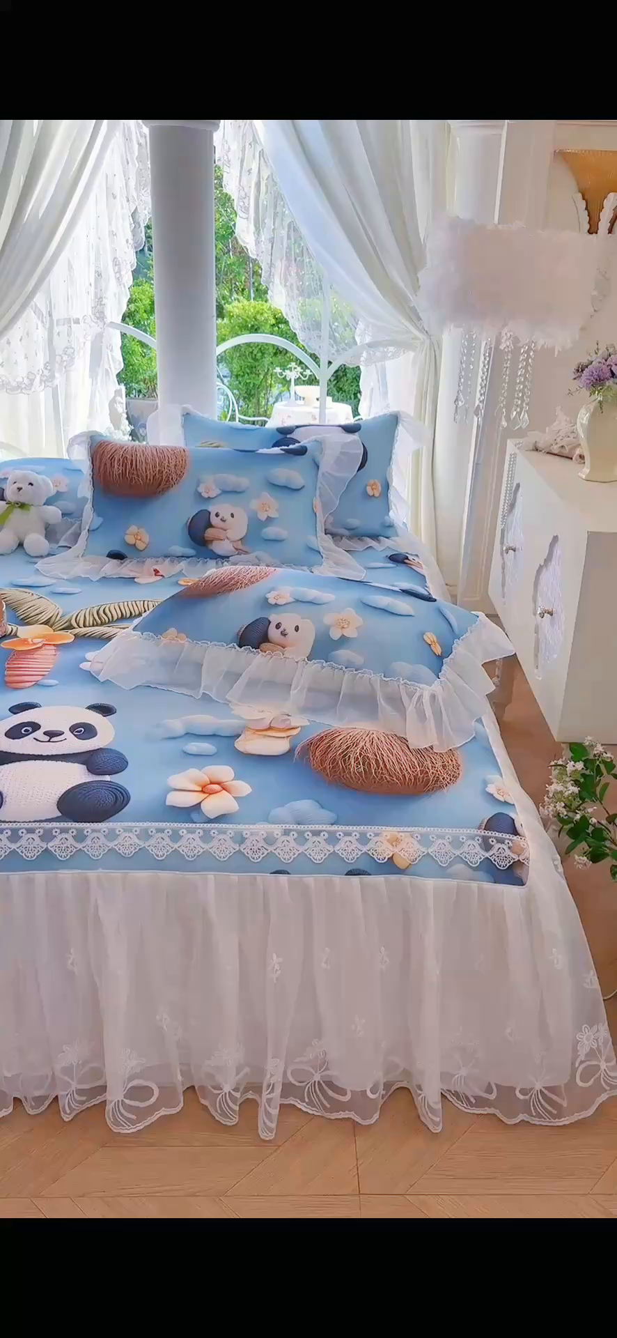 91家纺网 家纺一手货源 找家纺 罗艺轩 2025新款冰丝5D印花床裙凉席席子 熊猫世界