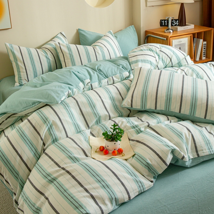 91家纺网 家纺一手货源 找家纺 优米家纺 2025新款色织全棉纯棉40支水洗四件套及床单系列-四件套 草原绿