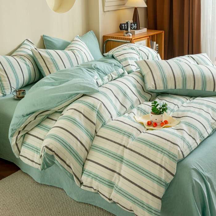 91家纺网 家纺一手货源 找家纺 优米家纺 2025新款色织全棉纯棉40支水洗四件套及床单系列-四件套 草原绿