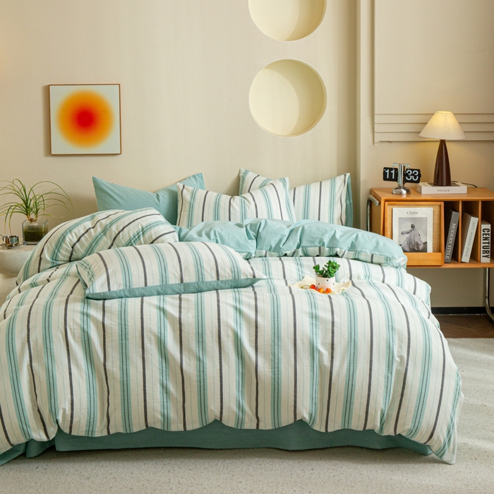 91家纺网 家纺一手货源 找家纺 优米家纺 2025新款色织全棉纯棉40支水洗四件套及床单系列-四件套 草原绿