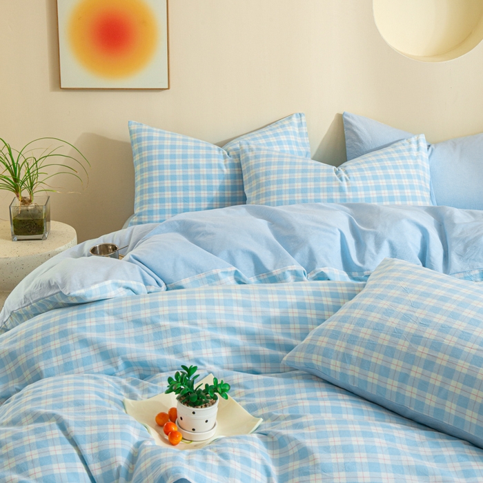 91家纺网 家纺一手货源 找家纺 优米家纺 2025新款色织全棉纯棉40支水洗四件套及床单系列-四件套 扶摇蓝