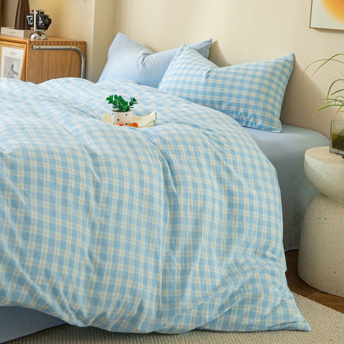 91家纺网 家纺一手货源 找家纺 优米家纺 2025新款色织全棉纯棉40支水洗四件套及床单系列-四件套 扶摇蓝