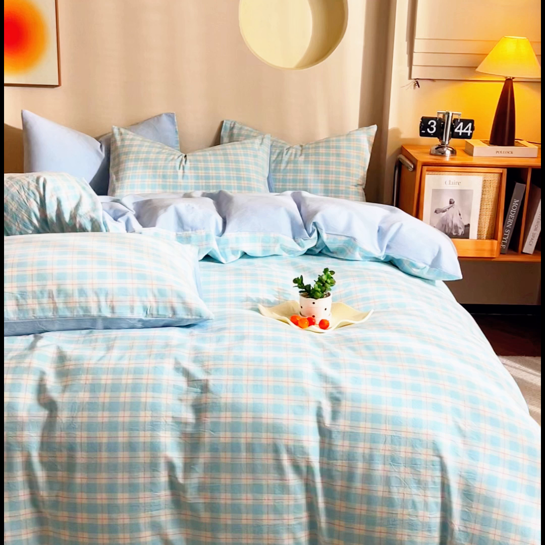 91家纺网 家纺一手货源 找家纺 优米家纺 2025新款色织全棉纯棉40支水洗四件套及床单系列-四件套 扶摇蓝