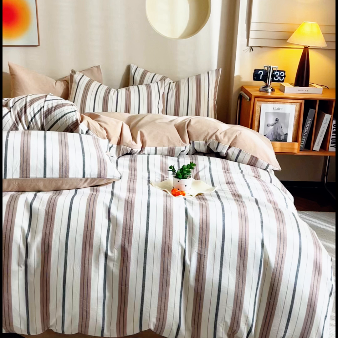 91家纺网 家纺一手货源 找家纺 优米家纺 2025新款色织全棉纯棉40支水洗四件套及床单系列-四件套 古烟咖