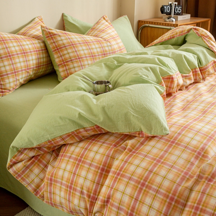优米家纺 2025新款色织全棉纯棉40支水洗四件套及床单系列-四件套 华沙格桔+绿