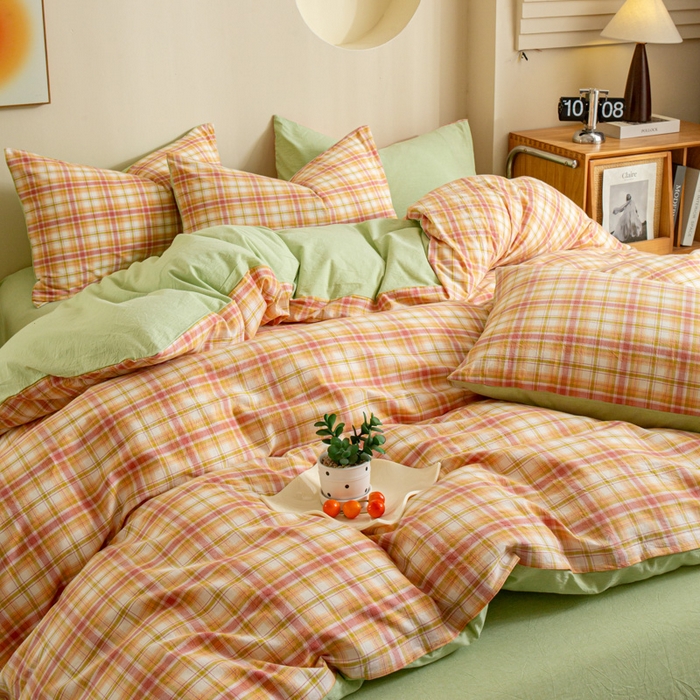 91家纺网 家纺一手货源 找家纺 优米家纺 2025新款色织全棉纯棉40支水洗四件套及床单系列-四件套 华沙格桔+绿