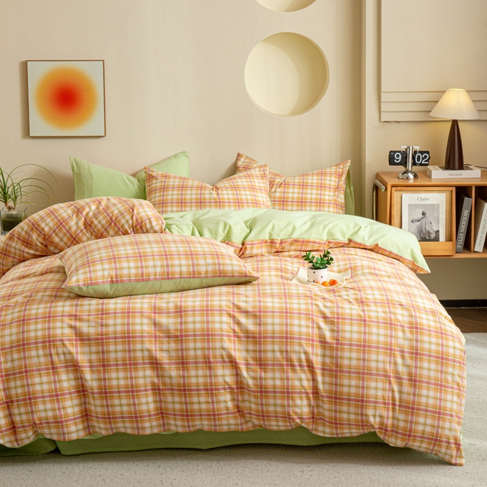 91家纺网 家纺一手货源 找家纺 优米家纺 2025新款色织全棉纯棉40支水洗四件套及床单系列-四件套 华沙格桔+绿