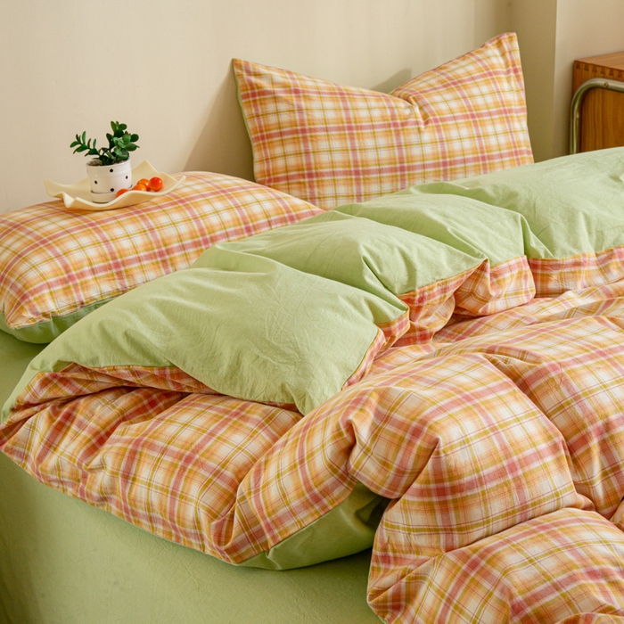 91家纺网 家纺一手货源 找家纺 优米家纺 2025新款色织全棉纯棉40支水洗四件套及床单系列-四件套 华沙格桔+绿