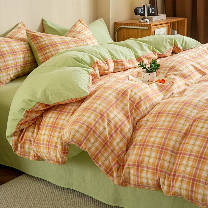 91家纺网 家纺一手货源 找家纺 优米家纺 2025新款色织全棉纯棉40支水洗四件套及床单系列-四件套 华沙格桔+绿