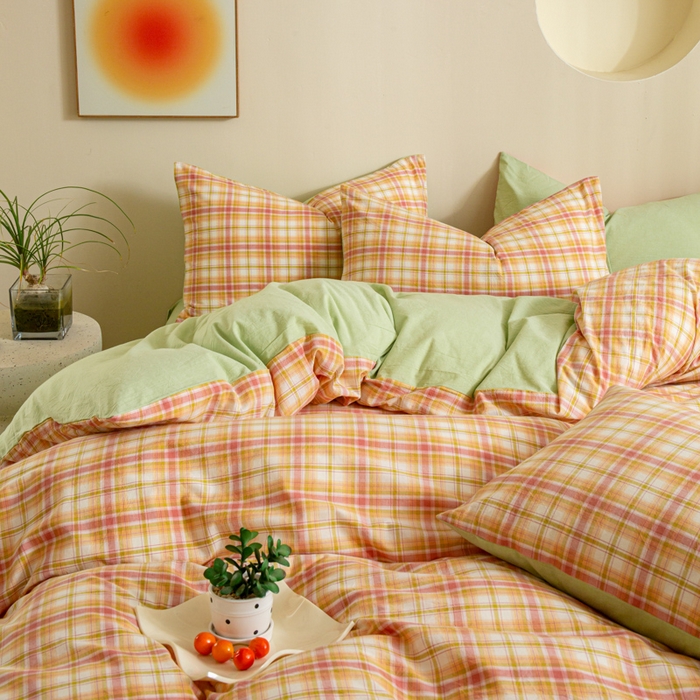 91家纺网 家纺一手货源 找家纺 优米家纺 2025新款色织全棉纯棉40支水洗四件套及床单系列-四件套 华沙格桔+绿