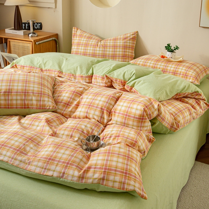 91家纺网 家纺一手货源 找家纺 优米家纺 2025新款色织全棉纯棉40支水洗四件套及床单系列-四件套 华沙格桔+绿