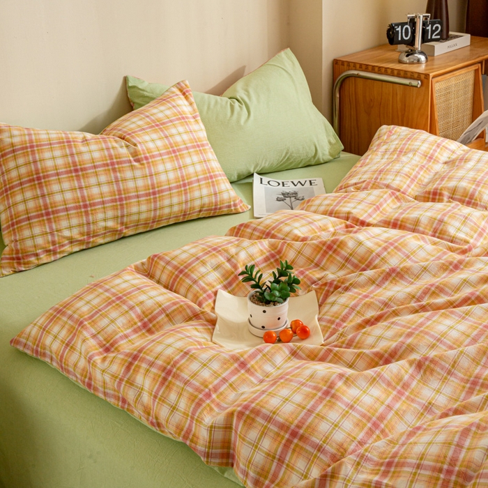 91家纺网 家纺一手货源 找家纺 优米家纺 2025新款色织全棉纯棉40支水洗四件套及床单系列-四件套 华沙格桔+绿