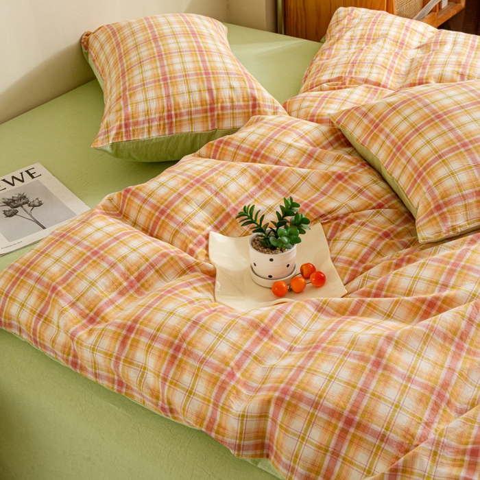 91家纺网 家纺一手货源 找家纺 优米家纺 2025新款色织全棉纯棉40支水洗四件套及床单系列-四件套 华沙格桔+绿