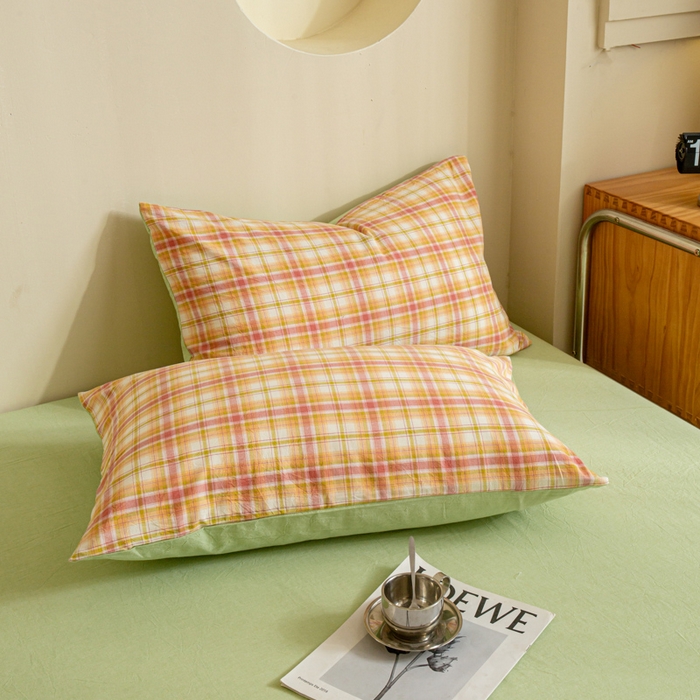 91家纺网 家纺一手货源 找家纺 优米家纺 2025新款色织全棉纯棉40支水洗四件套及床单系列-四件套 华沙格桔+绿