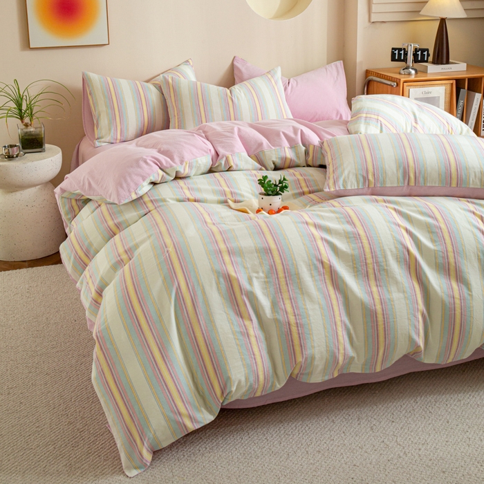 91家纺网 家纺一手货源 找家纺 优米家纺 2025新款色织全棉纯棉40支水洗四件套及床单系列-四件套 锦素粉