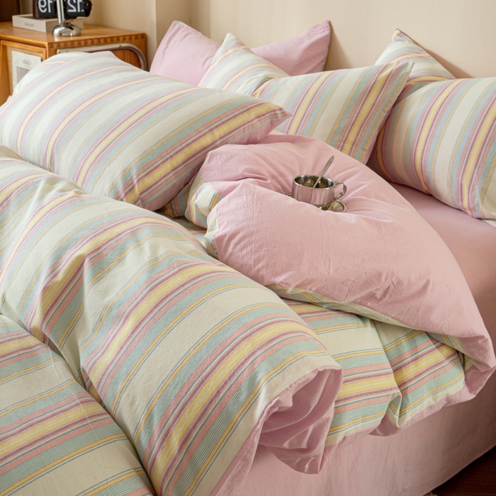 91家纺网 家纺一手货源 找家纺 优米家纺 2025新款色织全棉纯棉40支水洗四件套及床单系列-四件套 锦素粉