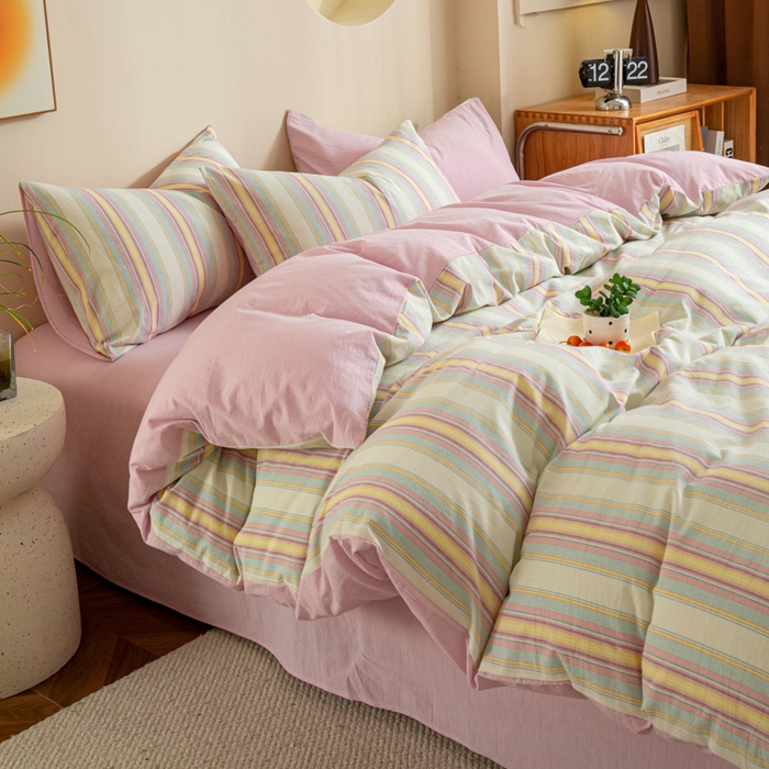 91家纺网 家纺一手货源 找家纺 优米家纺 2025新款色织全棉纯棉40支水洗四件套及床单系列-四件套 锦素粉