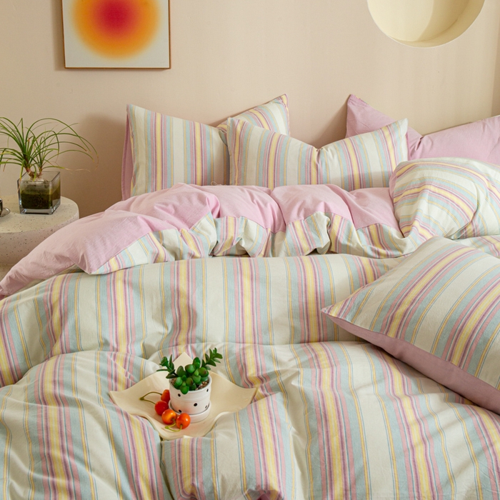 91家纺网 家纺一手货源 找家纺 优米家纺 2025新款色织全棉纯棉40支水洗四件套及床单系列-四件套 锦素粉