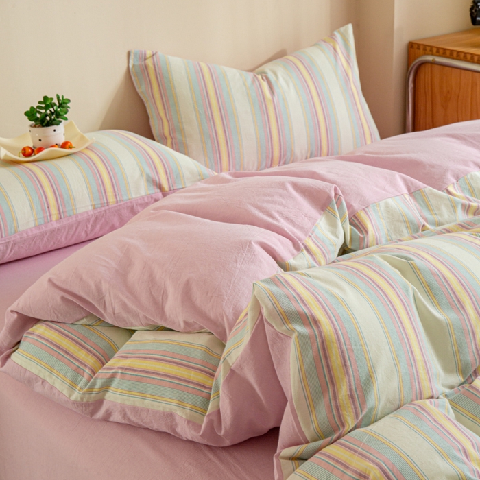 91家纺网 家纺一手货源 找家纺 优米家纺 2025新款色织全棉纯棉40支水洗四件套及床单系列-四件套 锦素粉