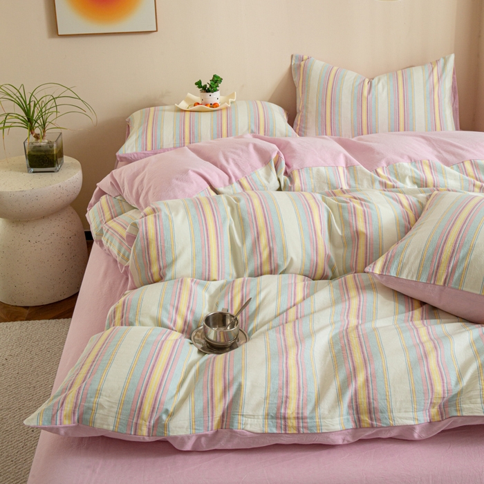 91家纺网 家纺一手货源 找家纺 优米家纺 2025新款色织全棉纯棉40支水洗四件套及床单系列-四件套 锦素粉