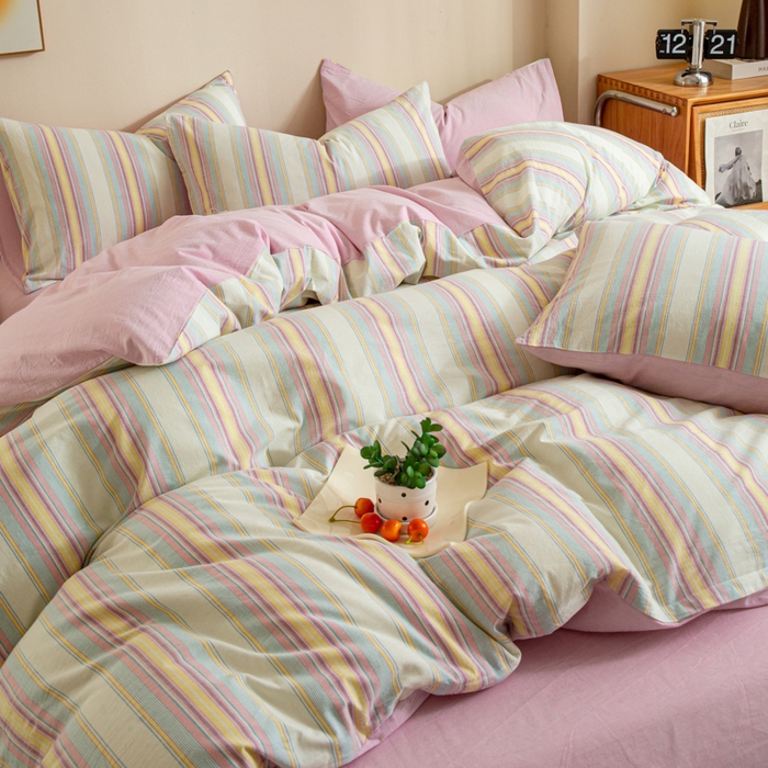 91家纺网 家纺一手货源 找家纺 优米家纺 2025新款色织全棉纯棉40支水洗四件套及床单系列-四件套 锦素粉