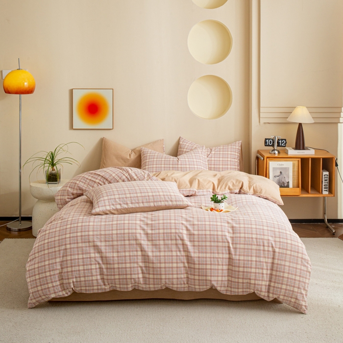 91家纺网 家纺一手货源 找家纺 优米家纺 2025新款色织全棉纯棉40支水洗四件套及床单系列-四件套 暮光粉