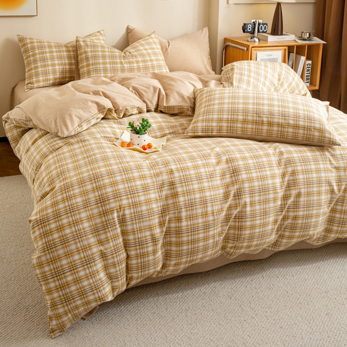 91家纺网 家纺一手货源 找家纺 优米家纺 2025新款色织全棉纯棉40支水洗四件套及床单系列-四件套 柠檬黄+咖