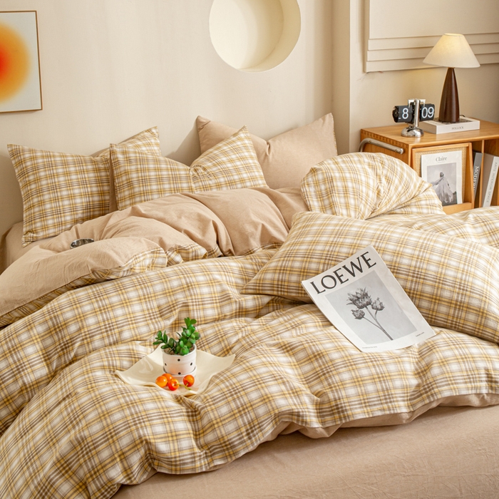 91家纺网 家纺一手货源 找家纺 优米家纺 2025新款色织全棉纯棉40支水洗四件套及床单系列-四件套 柠檬黄+咖