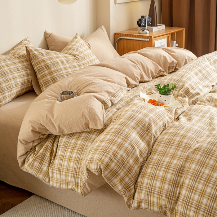 91家纺网 家纺一手货源 找家纺 优米家纺 2025新款色织全棉纯棉40支水洗四件套及床单系列-四件套 柠檬黄+咖