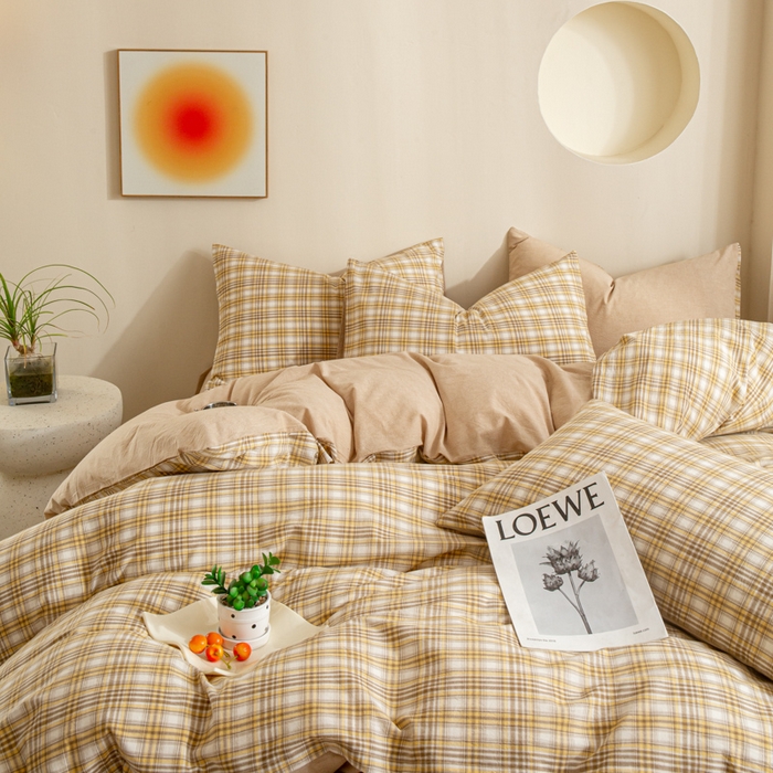 91家纺网 家纺一手货源 找家纺 优米家纺 2025新款色织全棉纯棉40支水洗四件套及床单系列-四件套 柠檬黄+咖