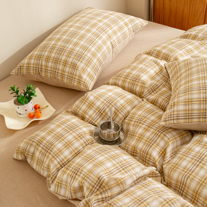 91家纺网 家纺一手货源 找家纺 优米家纺 2025新款色织全棉纯棉40支水洗四件套及床单系列-四件套 柠檬黄+咖