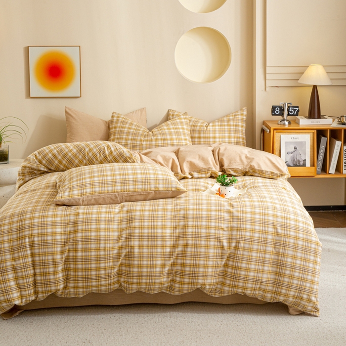 91家纺网 家纺一手货源 找家纺 优米家纺 2025新款色织全棉纯棉40支水洗四件套及床单系列-四件套 柠檬黄+咖