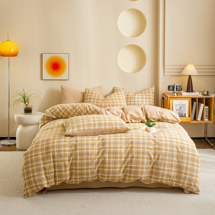 91家纺网 家纺一手货源 找家纺 优米家纺 2025新款色织全棉纯棉40支水洗四件套及床单系列-四件套 柠檬黄+咖