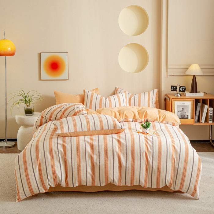 91家纺网 家纺一手货源 找家纺 优米家纺 2025新款色织全棉纯棉40支水洗四件套及床单系列-四件套 泡芙桔